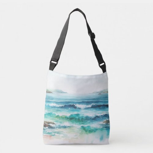 Ocean Waves Beach Watercolor Painting Crossbody Bag