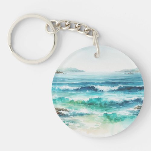 Ocean Waves Beach Watercolor Painting Keychain