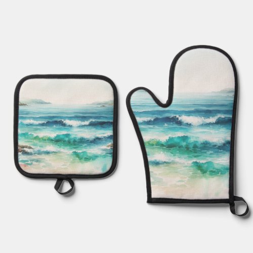 Ocean Waves Beach Watercolor Painting Oven Mitt  Pot Holder Set