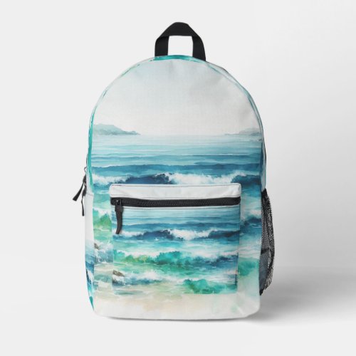 Ocean Waves Beach Watercolor Painting Printed Backpack