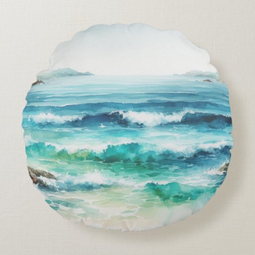 Ocean Waves Beach Watercolor Painting Round Pillow