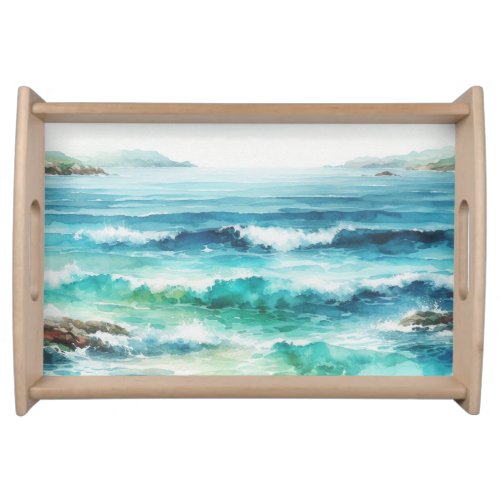 Ocean Waves Beach Watercolor Painting Serving Tray