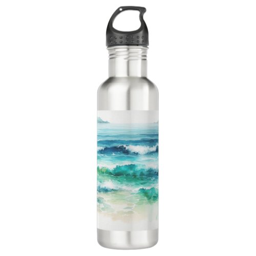 Ocean Waves Beach Watercolor Painting Stainless Steel Water Bottle