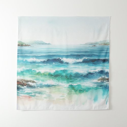 Ocean Waves Beach Watercolor Painting Tapestry