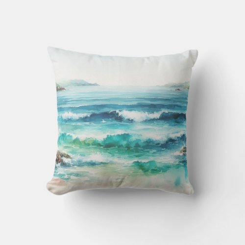 Ocean Waves Beach Watercolor Painting Throw Pillow