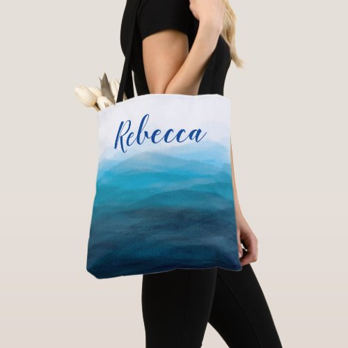 Ocean Waves Beach Watercolor Tote Bag Turquoise