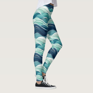 Ocean Waves Blue Coastal Beach Pattern Leggings