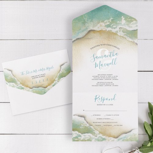 Ocean Waves Blue Watercolor Folded Wedding All In One Invitation