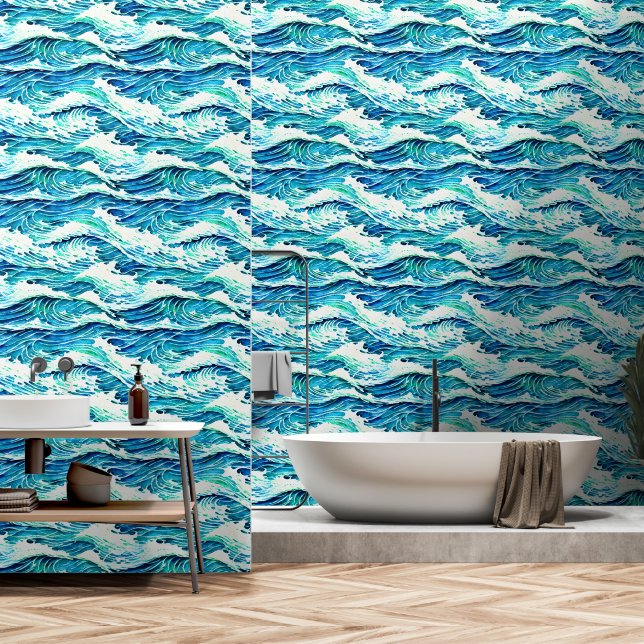 Ocean waves blue white coastal waters island wallpaper  (Bathroom)