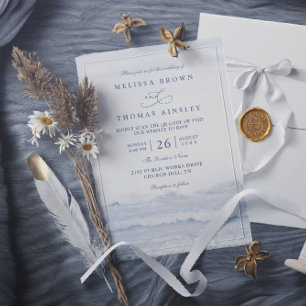 Ocean Waves Blue White Watercolor QR Code Wedding Invitation