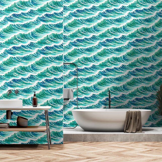 Ocean waves coastal seamless pattern nautical wallpaper  (Bathroom)