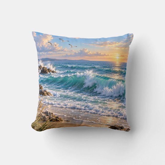 Ocean Waves Coastal Sunset Throw Pillow (Front)