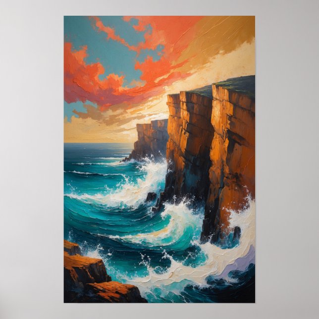 Ocean Waves Crashing Against Cliffs Coastal Art Poster (Front)