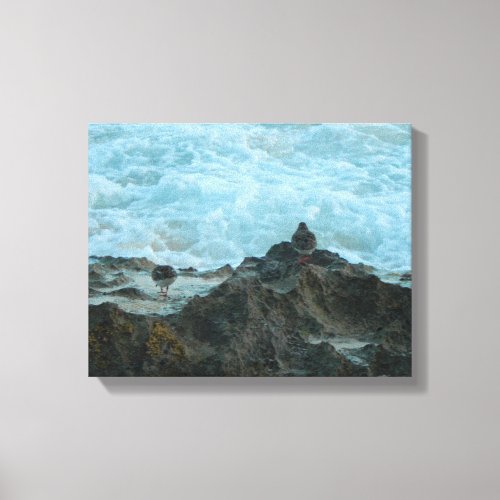 ocean waves crashing on rocks with birds on them canvas print