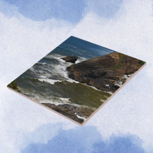 Ocean Waves Crashing on Rocky Shoreline Ceramic Tile