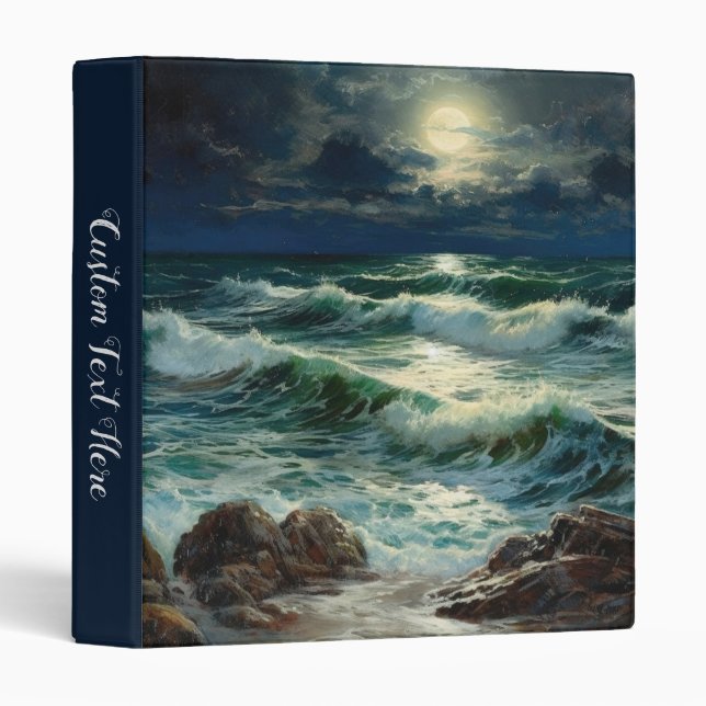 Ocean Waves Full Moon Nature Landscape 3 Ring Binder (Front/Spine)