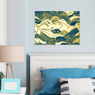 Ocean Waves Gold Foil With a Dark Blue Background Foil Prints