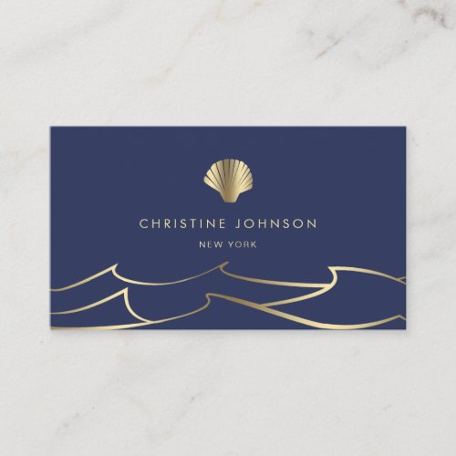 ocean waves golden seashell on blue business card