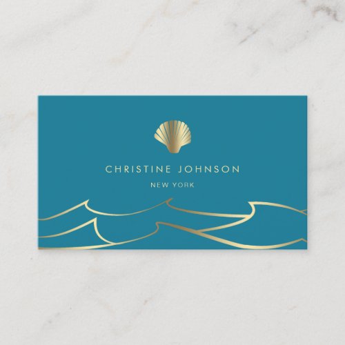 ocean waves golden seashell on mosaic blue business card