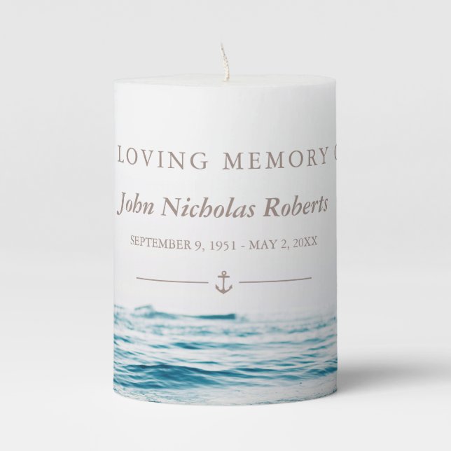 Ocean Waves In Loving Memory Pillar Candle (Front)