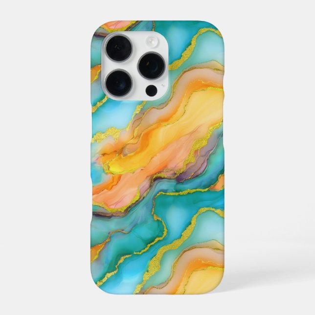 Ocean Waves in Teal and Yellow-Orange Pattern Iphone Case (Back)