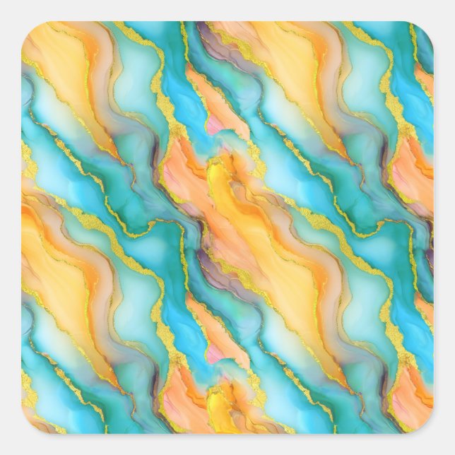  Ocean Waves in Teal and Yellow-Orange Pattern Square Sticker (Front)