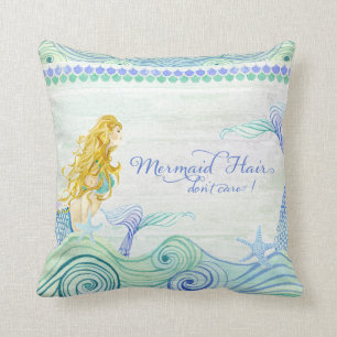 Ocean Waves Mermaid Hair Tail Wooden Saying Sign Throw Pillow