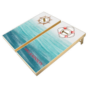 Ocean Waves Monogram Mr and Mrs Beach Watercolor Cornhole Set