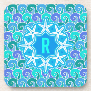 Ocean Waves Nautical Beach Starfish Monogram Blue Beverage Coaster