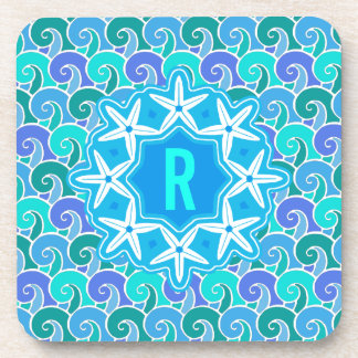 Ocean Waves Nautical Beach Starfish Monogram Blue Beverage Coaster