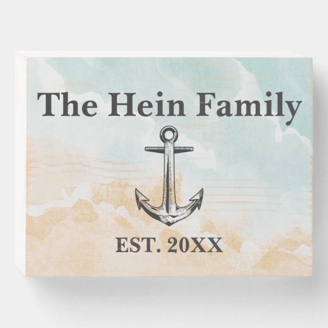 Ocean Waves Nautical Family Name Beach Monogram Wooden Box Sign (Front Horizontal)