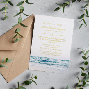 Ocean Waves Nautical Memorial Service Gold Foil Invitation