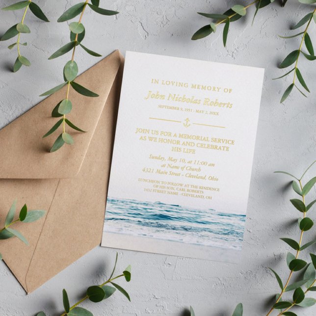 Ocean Waves Nautical Memorial Service Gold Foil Invitation (Creator Uploaded)