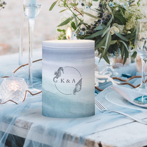 Ocean Waves Nautical Monogram Beach Wedding Pillar Candle