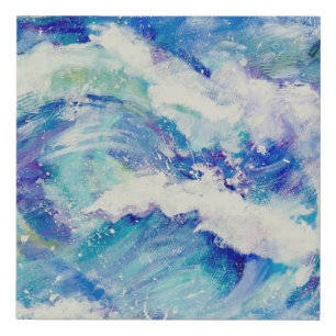 Ocean waves painting in blue and white faux canvas print