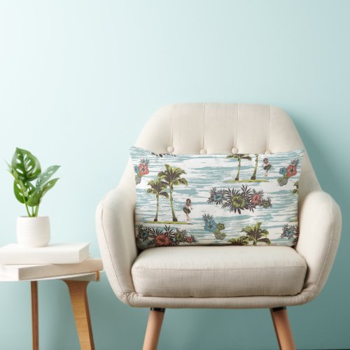 Ocean Waves Palm Trees Hawaiian Beach Pattern Lumbar Pillow