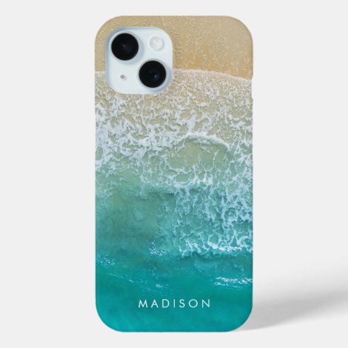 Ocean Waves Pattern Monogram Name Beach iPhone 15 Case