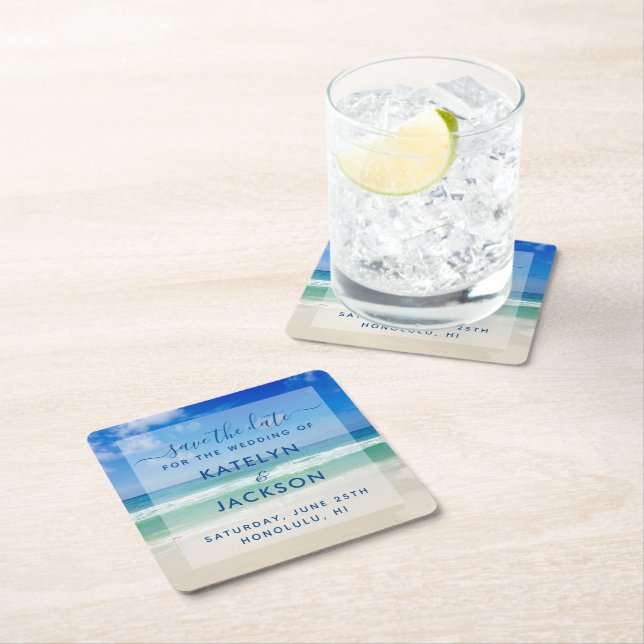 Ocean Waves Photo Chic Beach Save the Date Magnet Square Paper Coaster (Insitu)