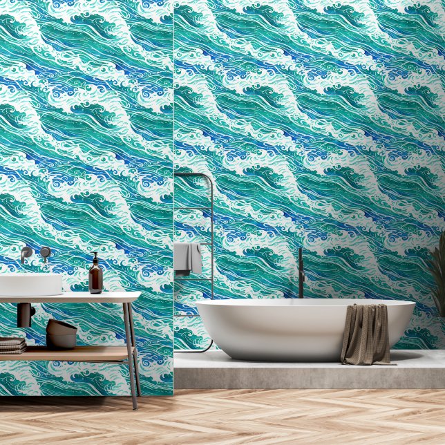 Ocean waves rolling sea coastal pattern beach wallpaper  (Bathroom)