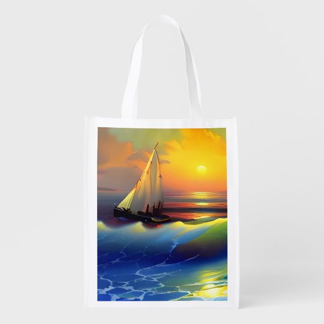 Ocean Waves, Sailboat and Sunset Reflection Grocery Bag (Front)