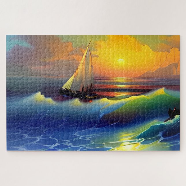 Ocean Waves, Sailboat and Sunset Reflection Jigsaw Puzzle (Horizontal)