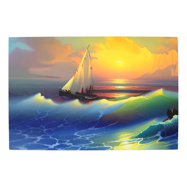 Ocean Waves, Sailboat and Sunset Reflection Metal Print (Front)