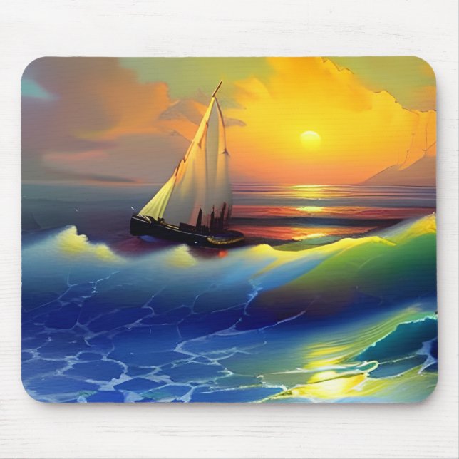 Ocean Waves, Sailboat and Sunset Reflection Mouse Pad (Front)