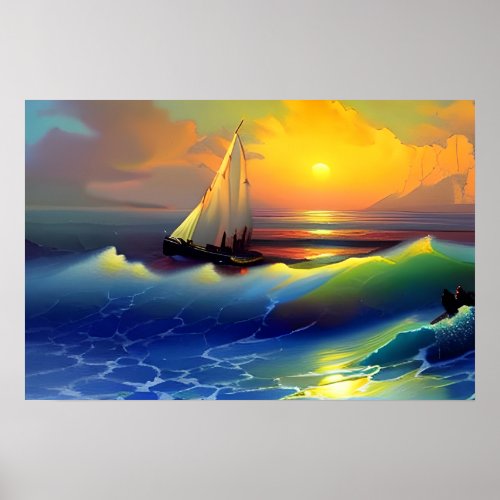 Ocean Waves Sailboat and Sunset Reflection Poster
