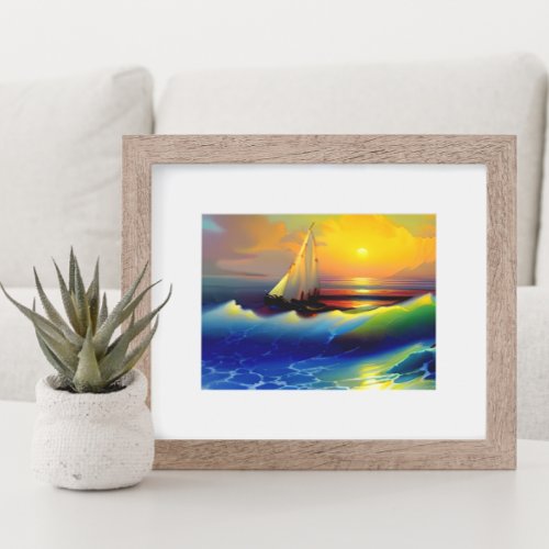 Ocean Waves Sailboat and Sunset Reflection Poster