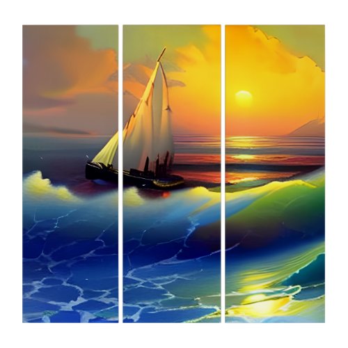 Ocean Waves Sailboat and Sunset Reflection Triptych