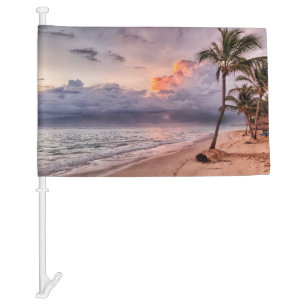 Ocean Waves Sandy Beach Sunset Car Flag