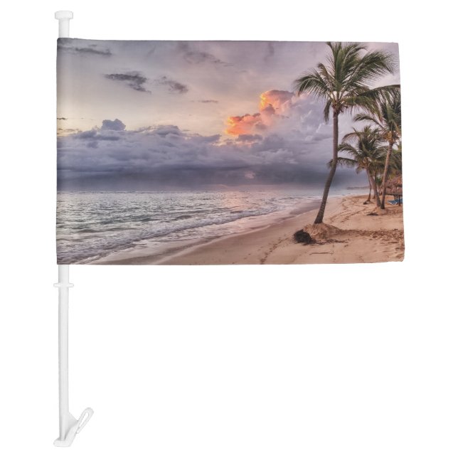 Ocean Waves Sandy Beach Sunset Car Flag (Front)