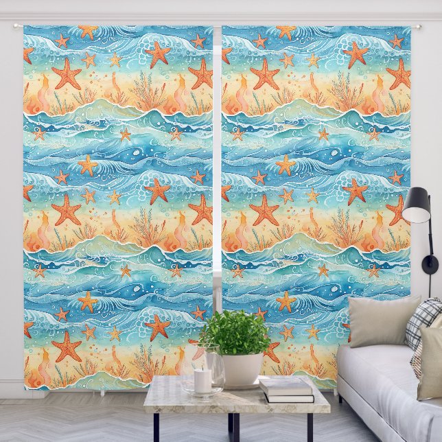 Ocean Waves Sea Starfish Sand Beach Blackout Curtains (Living Room)