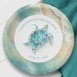 Ocean Waves Sea Turtle Baby Shower Paper Plate<br><div class="desc">Sweet personalized plates for your tropical sea turtle themed backyard baby shower. This design features an ocean waves border with a watercolor sea turtle. Personalize with the mama-to-be's name and shower date. To see the matching beach theme aloha party decor visit www.zazzle.com/dotellabelle</div>